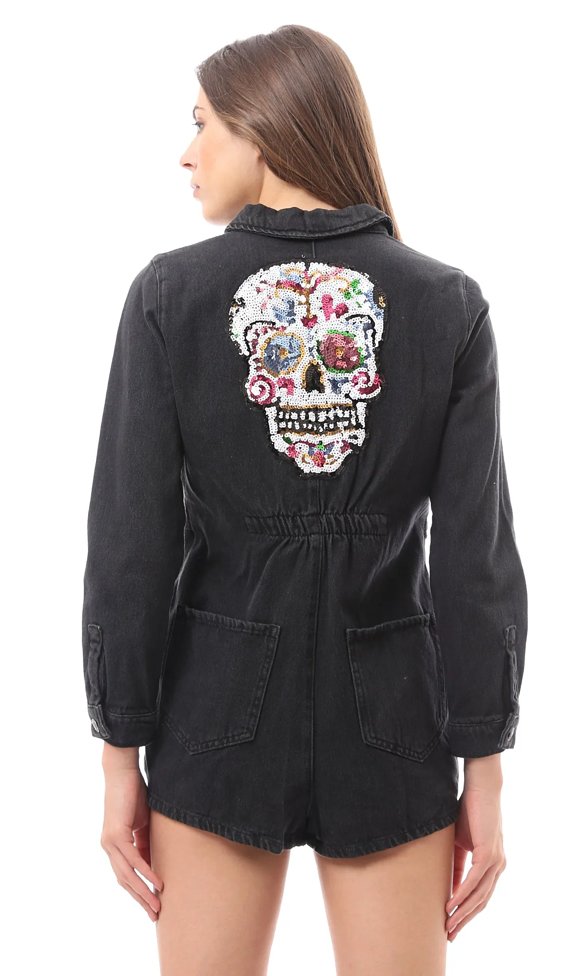 95683 Back Colorful Sequins Skull Black Denim Playsuit