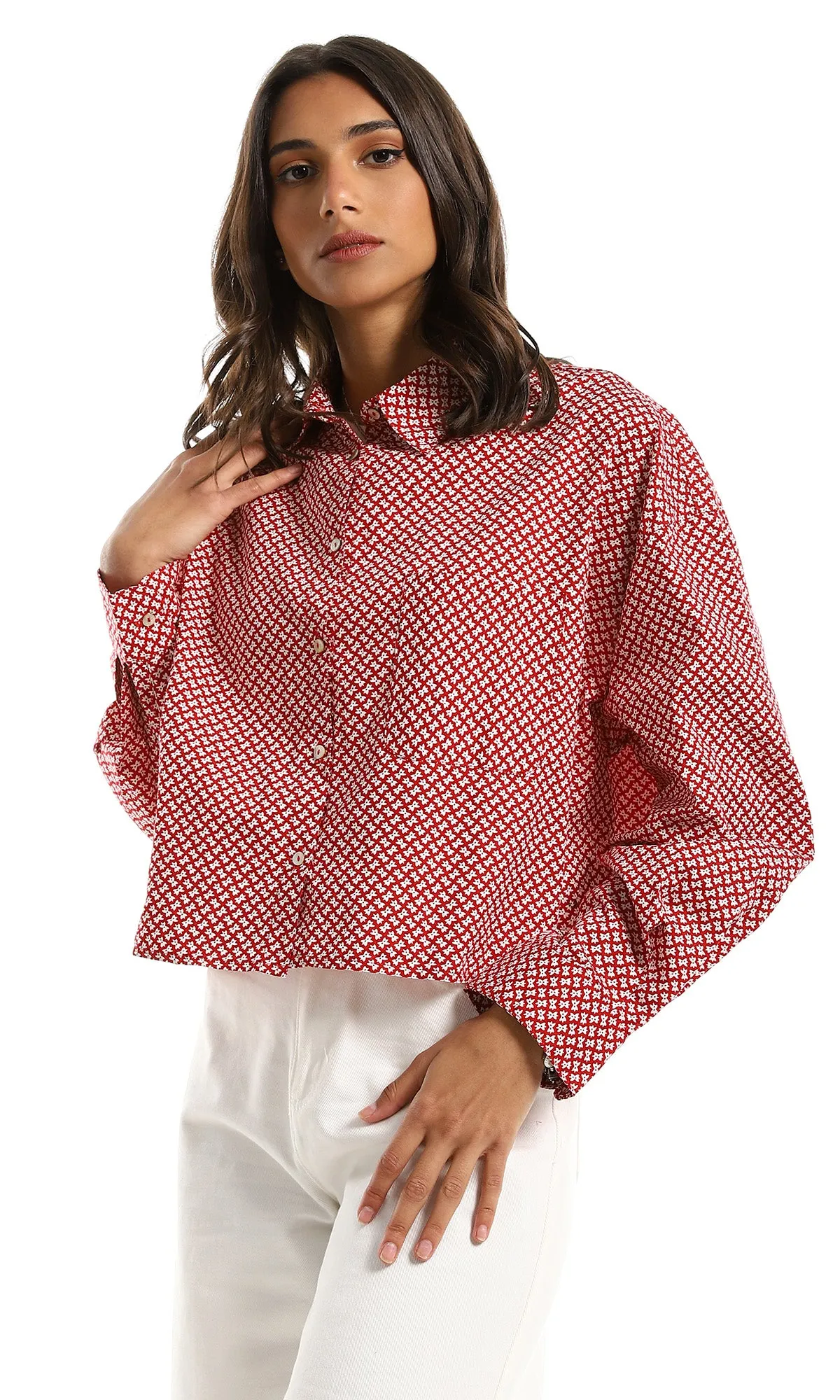 97328 Self Patterned Long Sleeves Buttoned Cropped Red Shirt