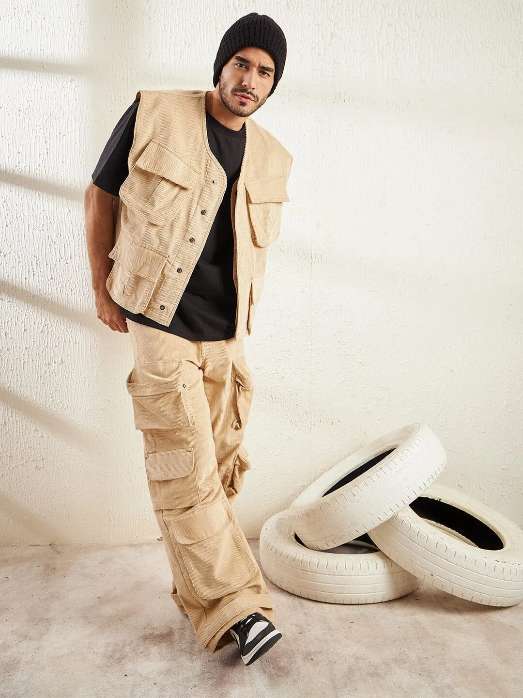 Beige Cord Baggy Sleeveless Jacket And Cargo Clothing Set