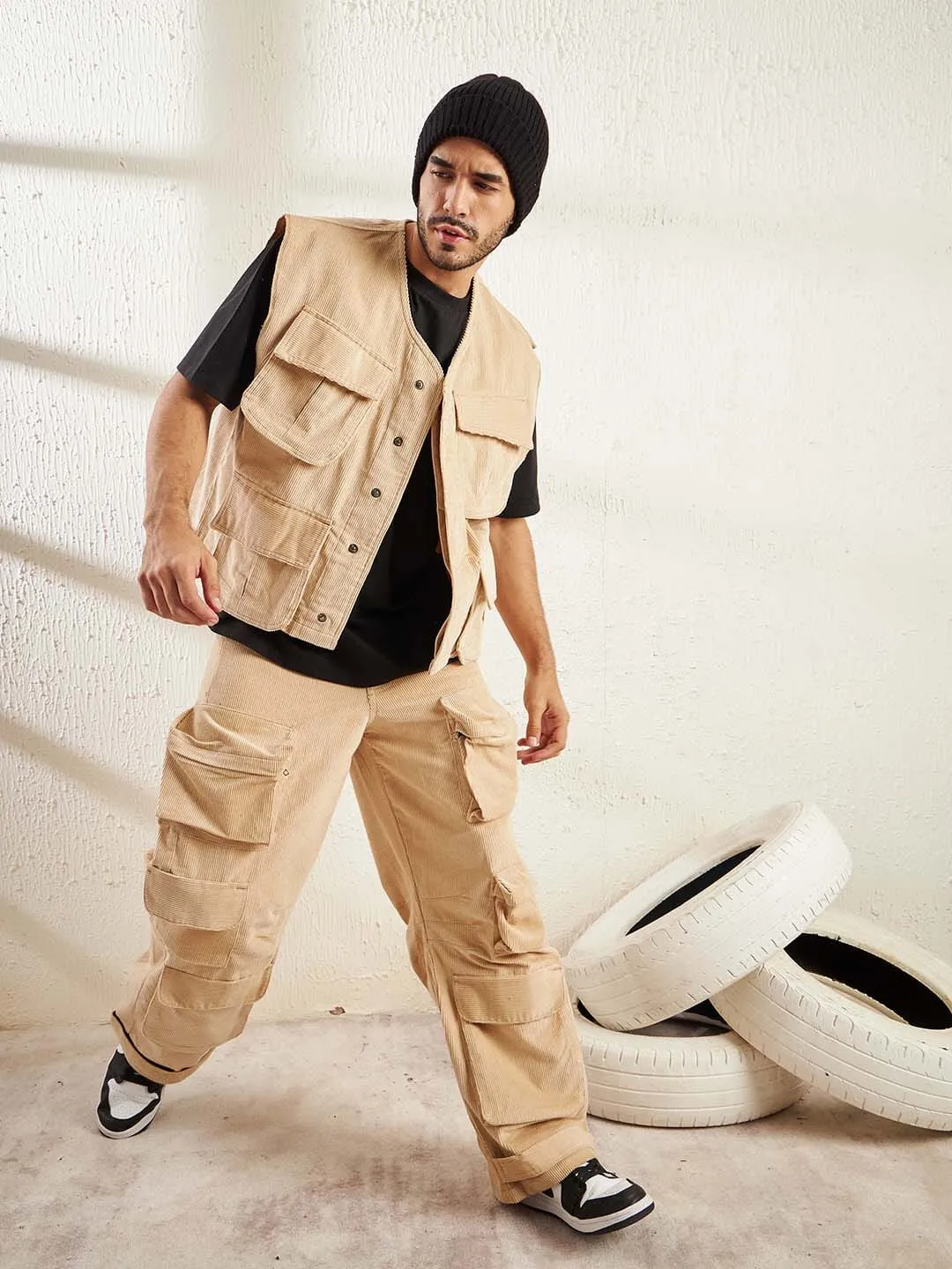 Beige Cord Baggy Sleeveless Jacket And Cargo Clothing Set