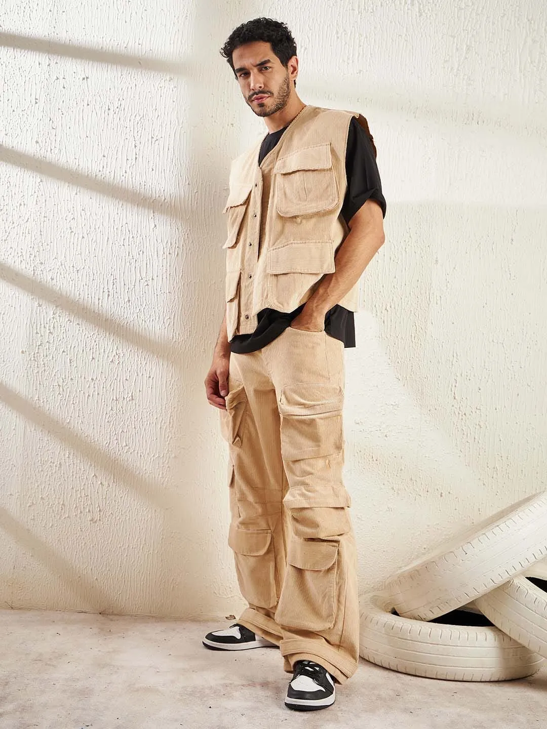 Beige Cord Baggy Sleeveless Jacket And Cargo Clothing Set