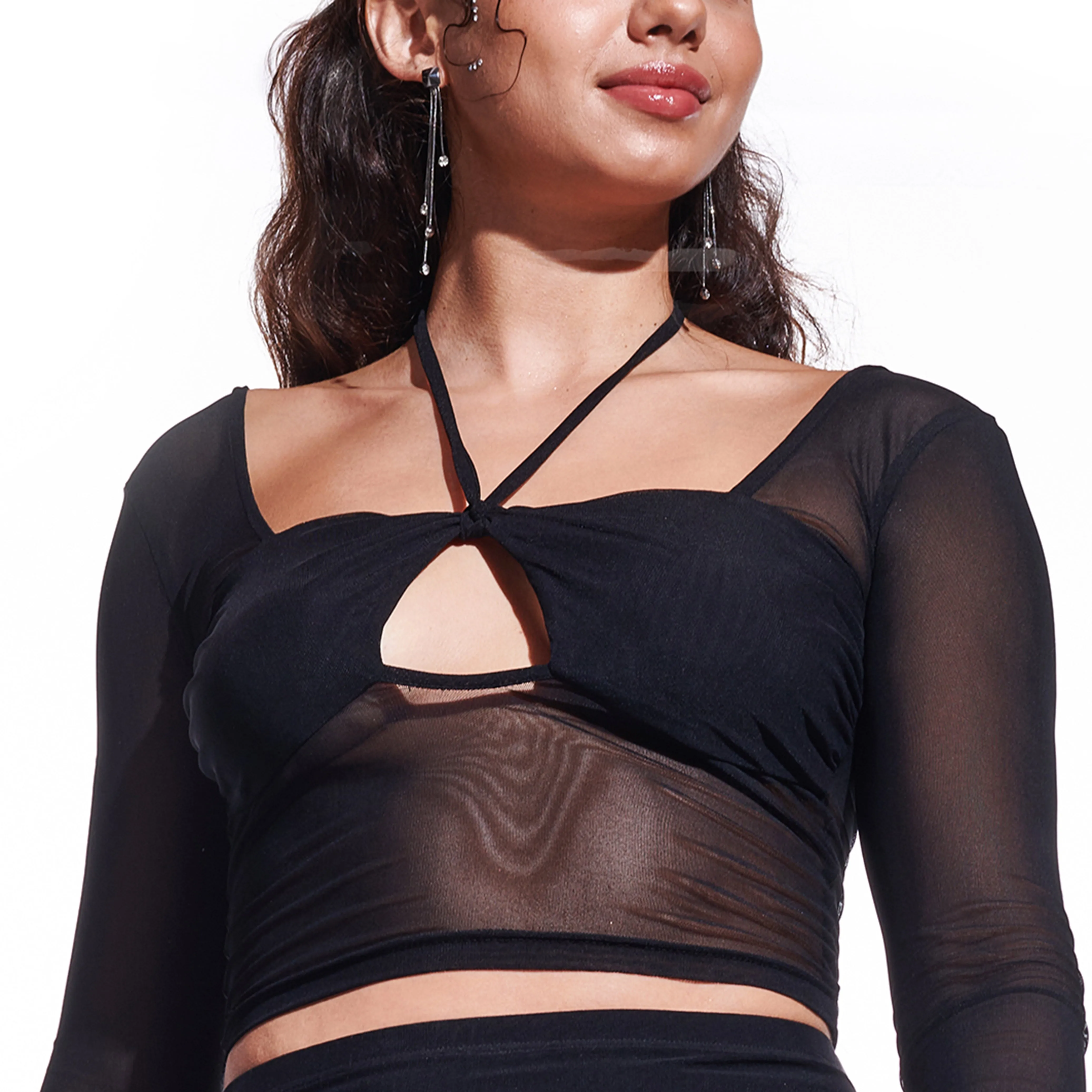 Black Cross-over long sleeve mesh top