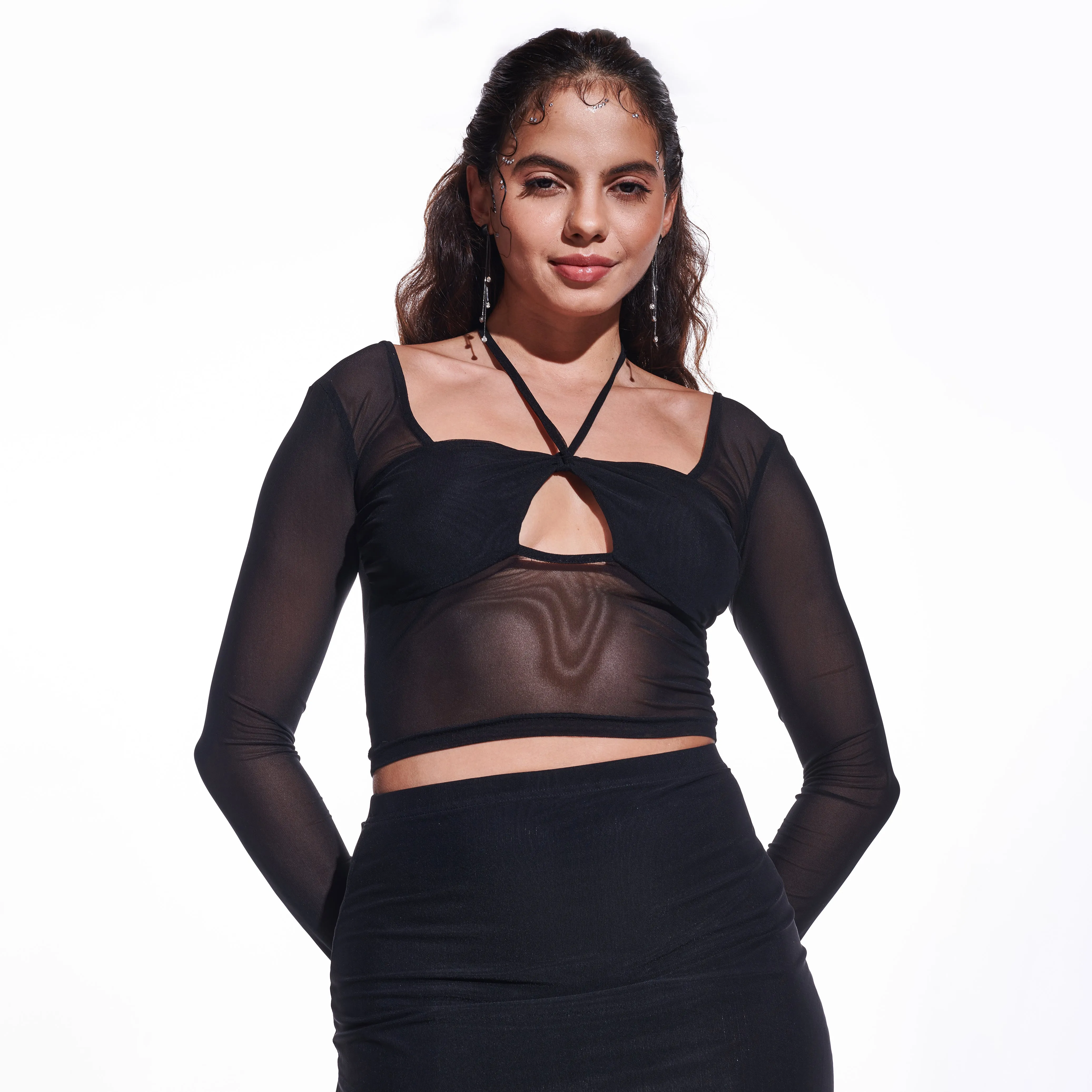 Black Cross-over long sleeve mesh top