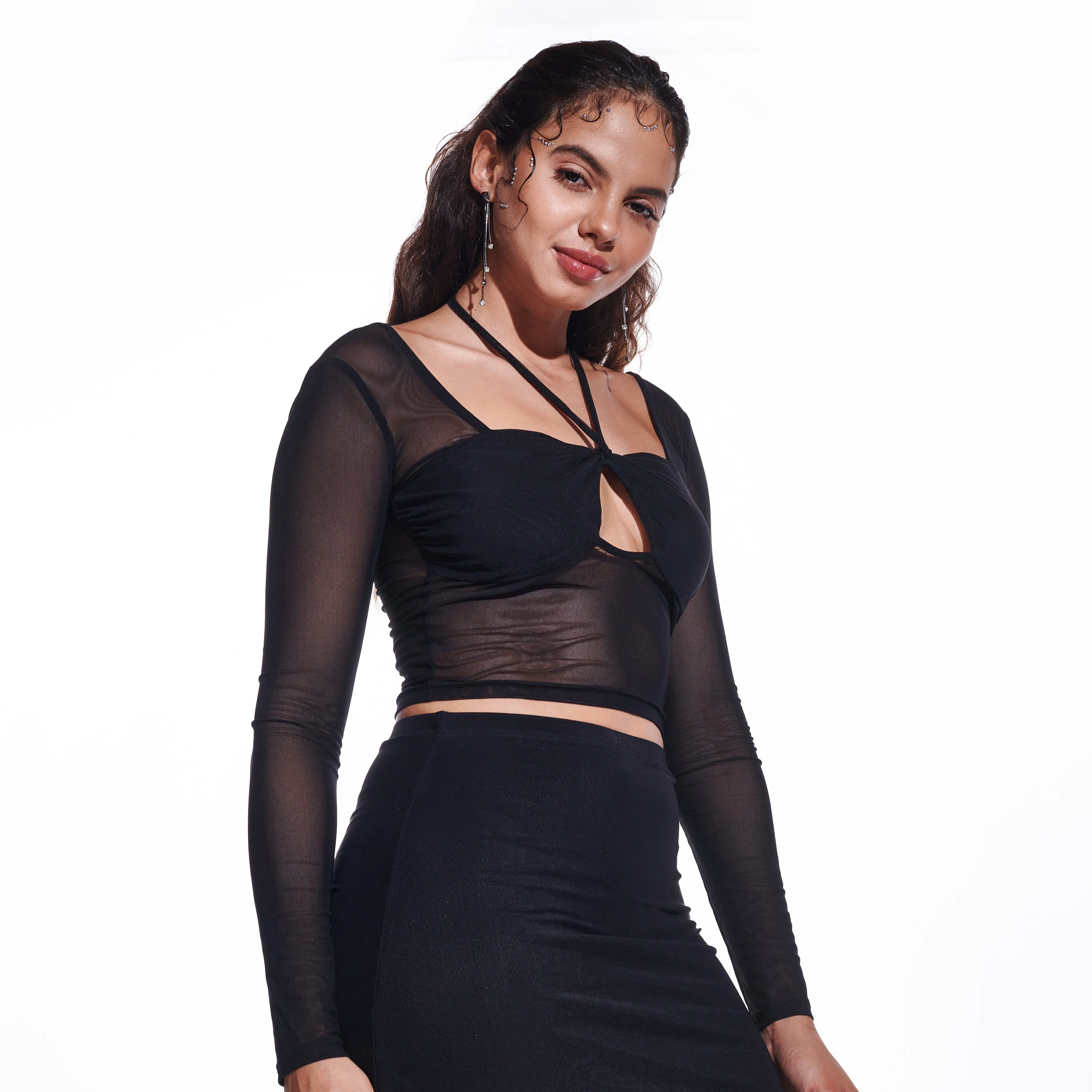 Black Cross-over long sleeve mesh top