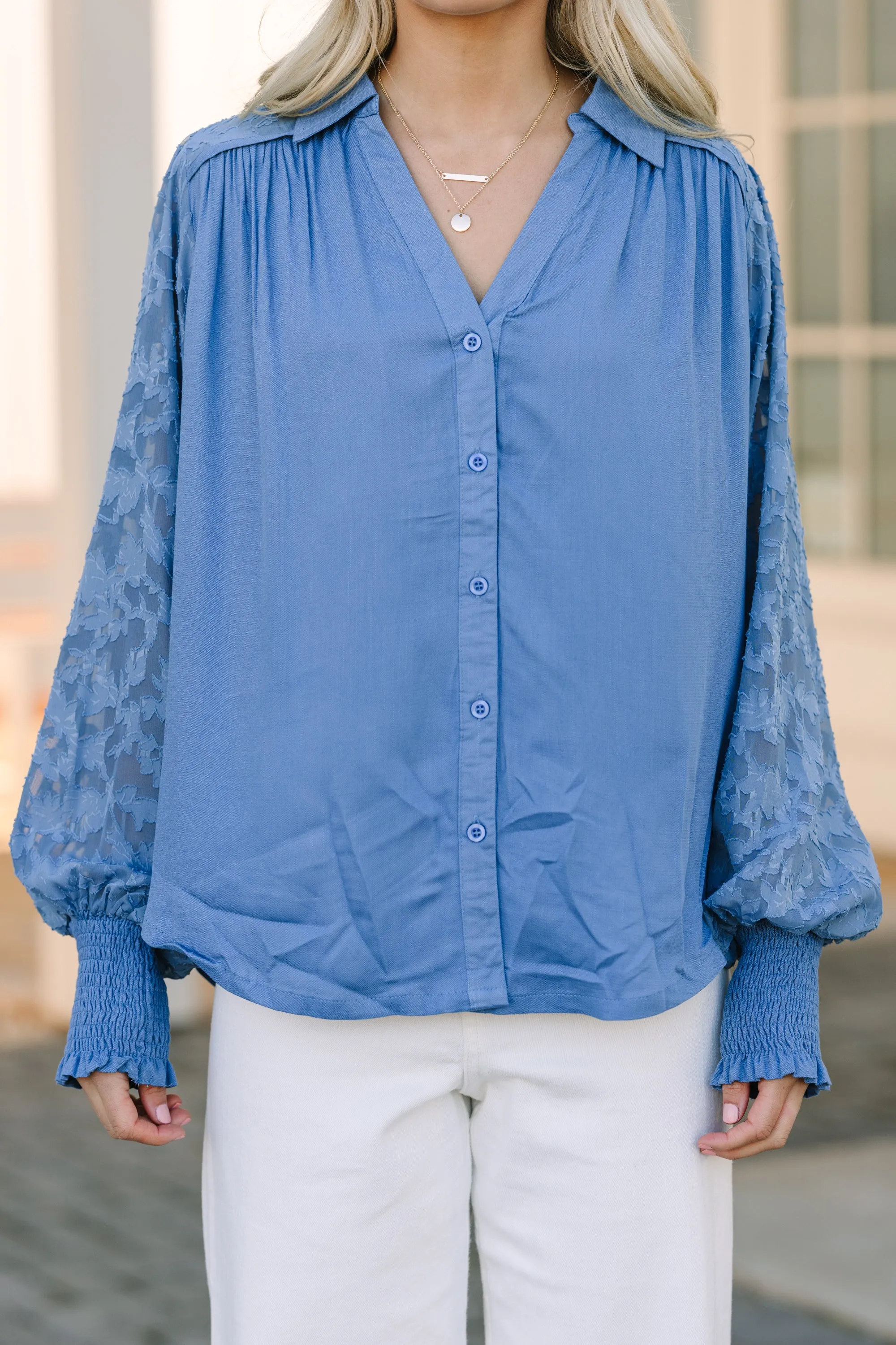 Certain Love Dusty Blue Lace Sleeve Blouse