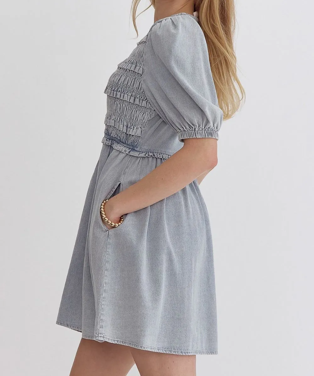 Denim Dress with Short Sleeves - Light Blue