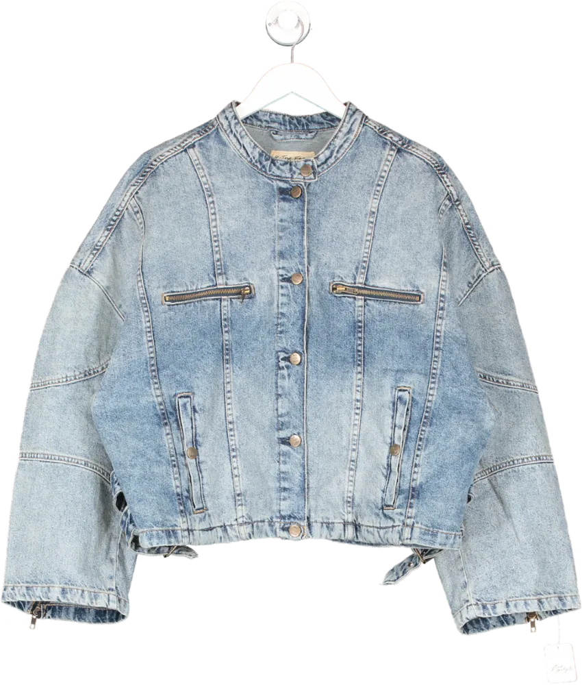 Free People Blue Dia Denim Biker Jacket UK L