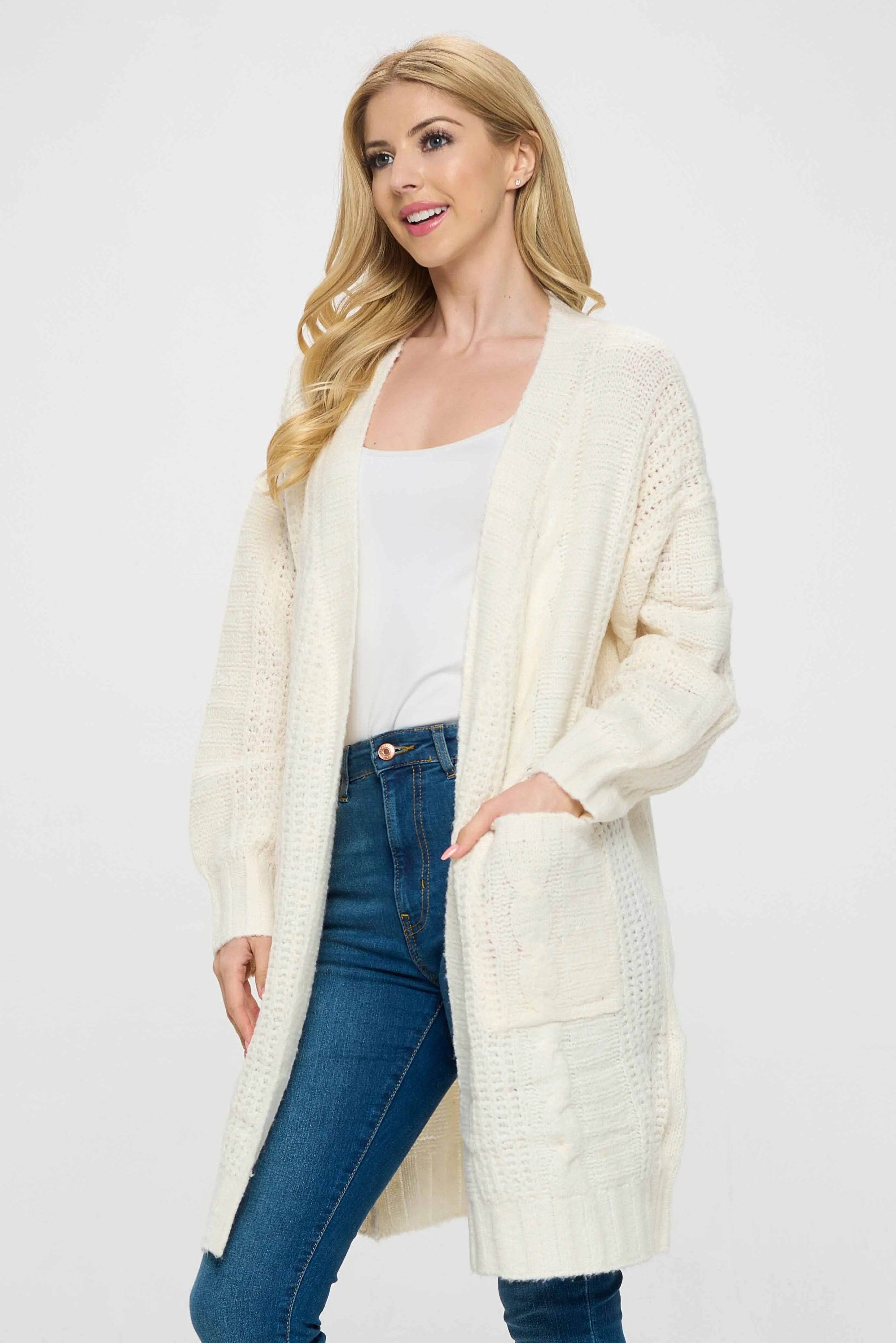 Front Open Long White Cardigan