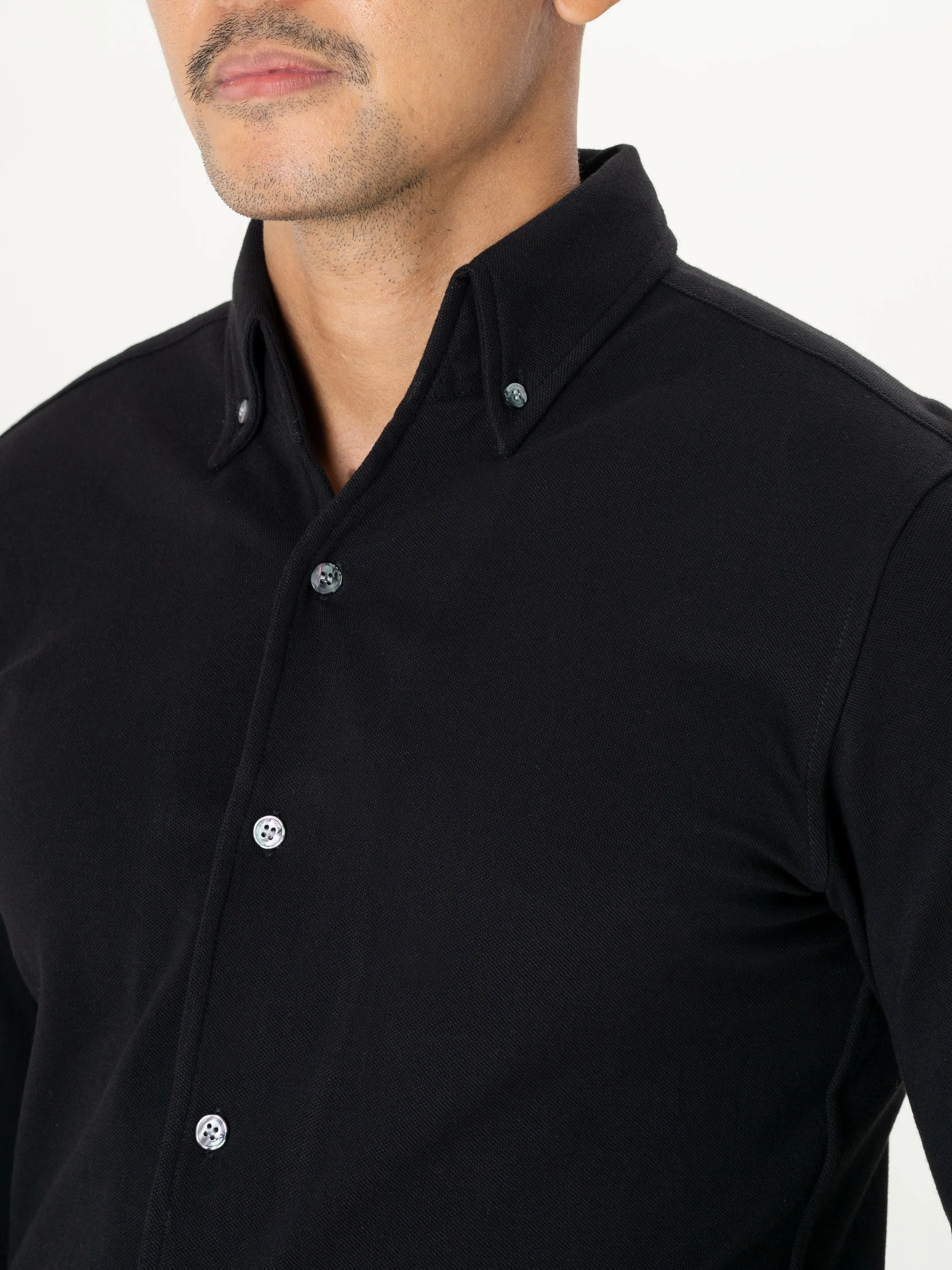 Long Sleeve Polo Shirt - Black Button Down