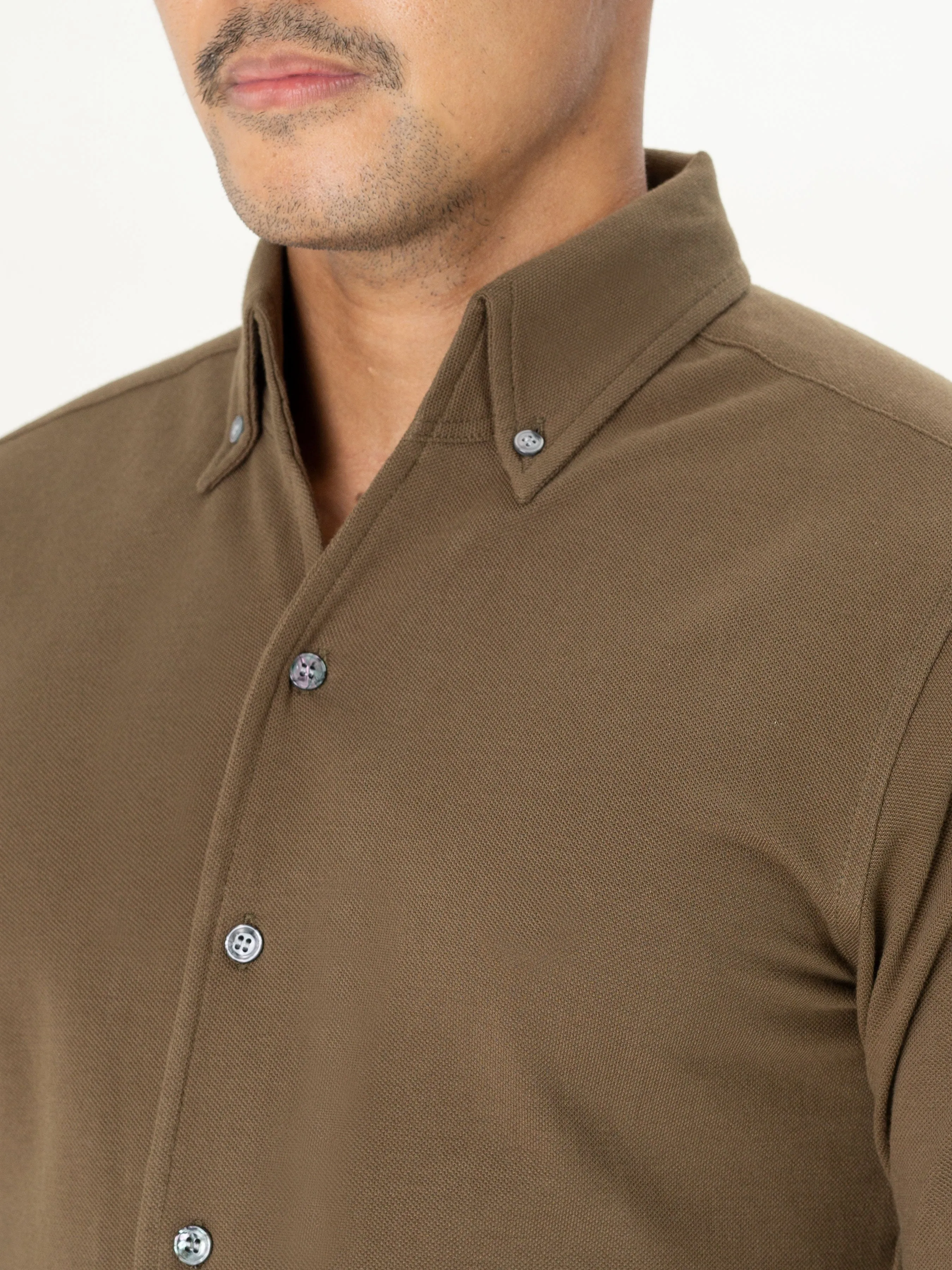 Long Sleeve Polo Shirt - Olive Green Button Down