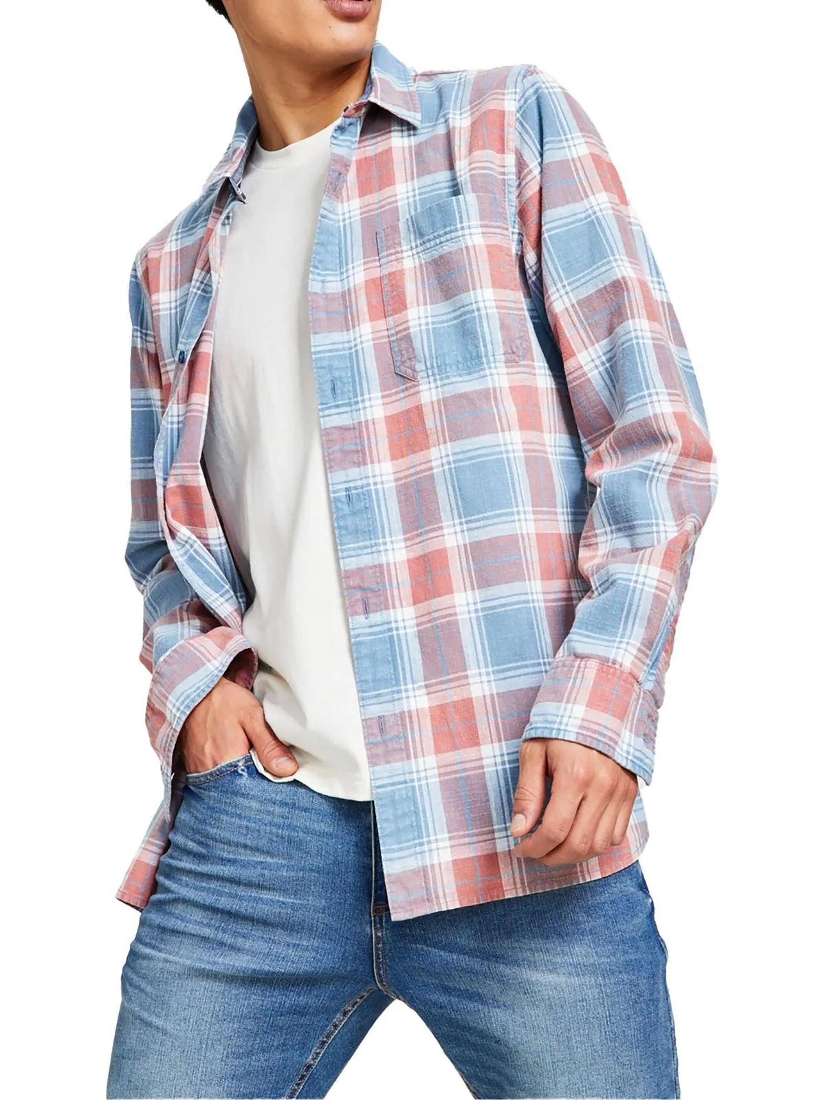 Mens Plaid Cotton Button-Down Shirt