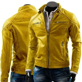 Men's Yellow Motorcycle Vintage Retro Cafe Racer Genuine Leather Jacket