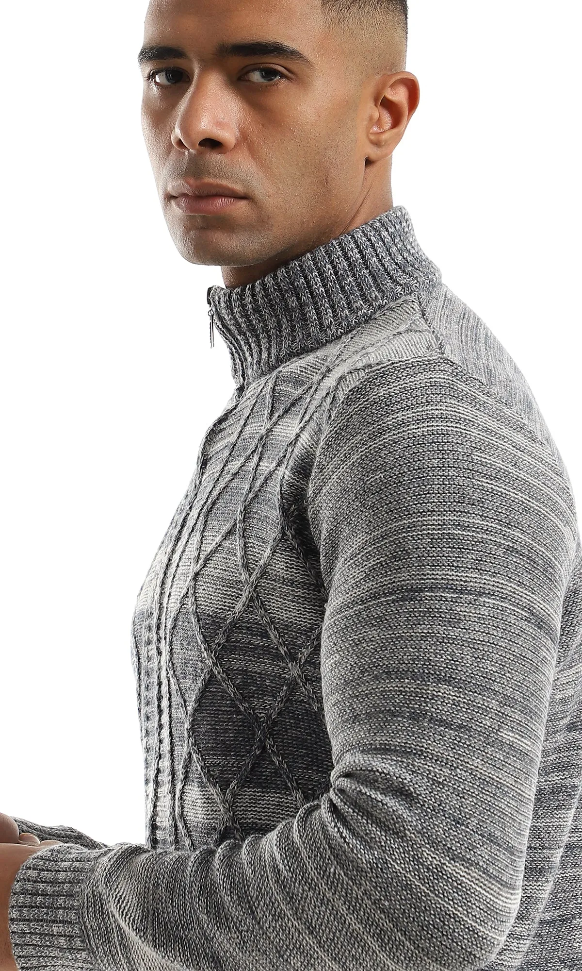 O158765 Casual Zip Through Neck Heather Grey & Petroleum Sweater