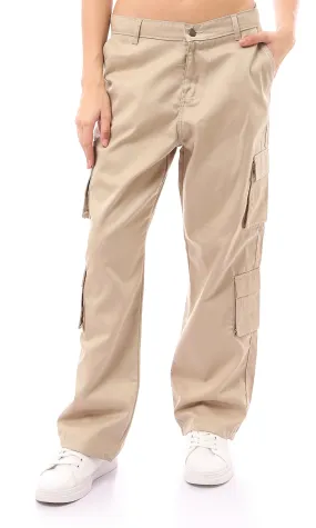 O169941 Casual Solid Beige Cargo Pants With Multi-Pockets