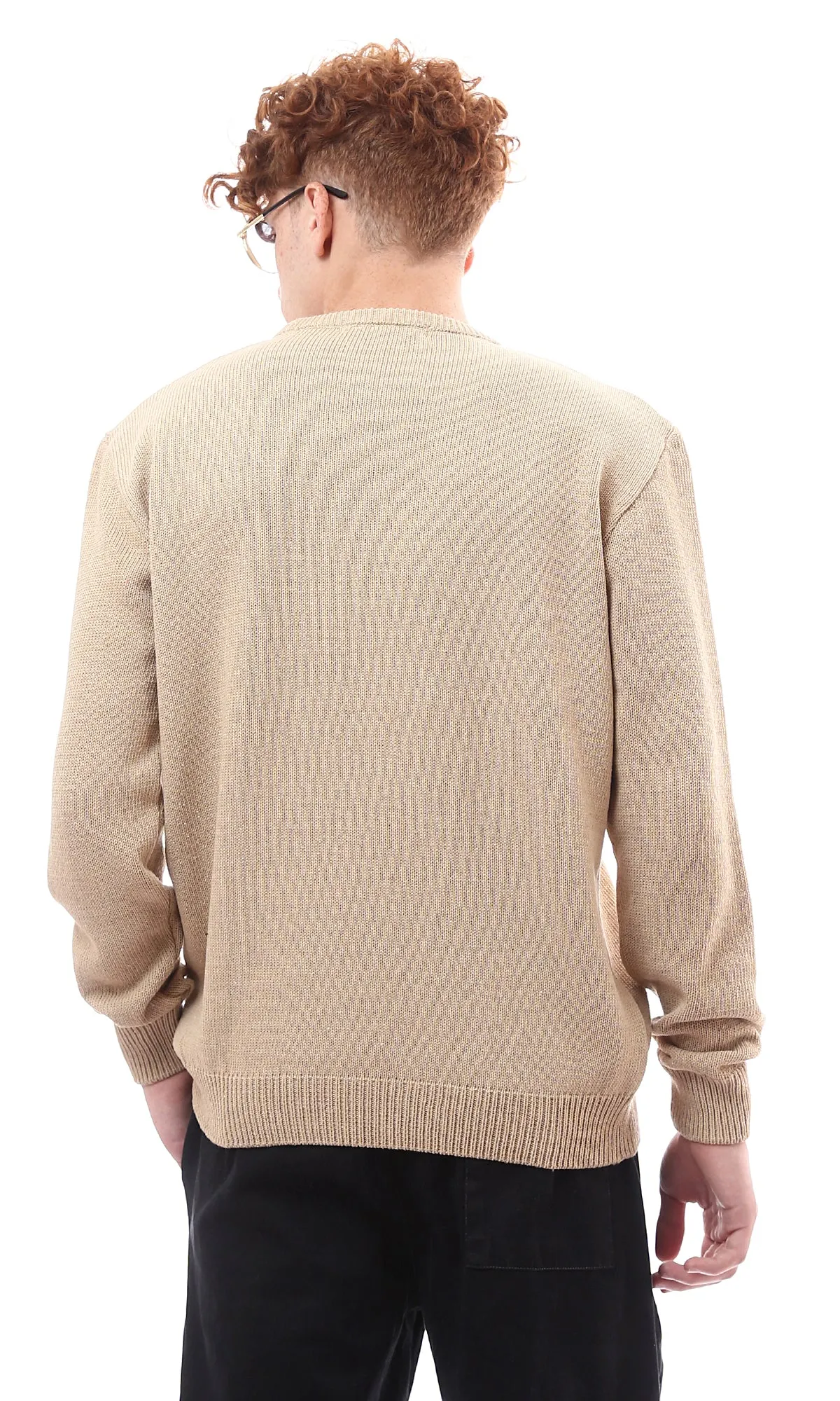 O174205 Ribbed Crew Neck & Hem Dark Beige Pullover