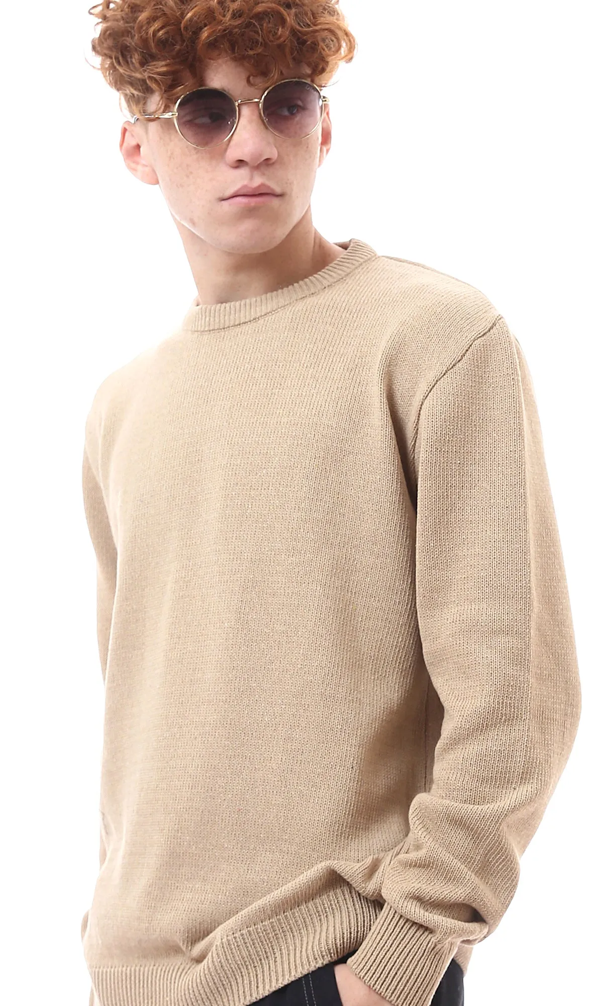 O174205 Ribbed Crew Neck & Hem Dark Beige Pullover