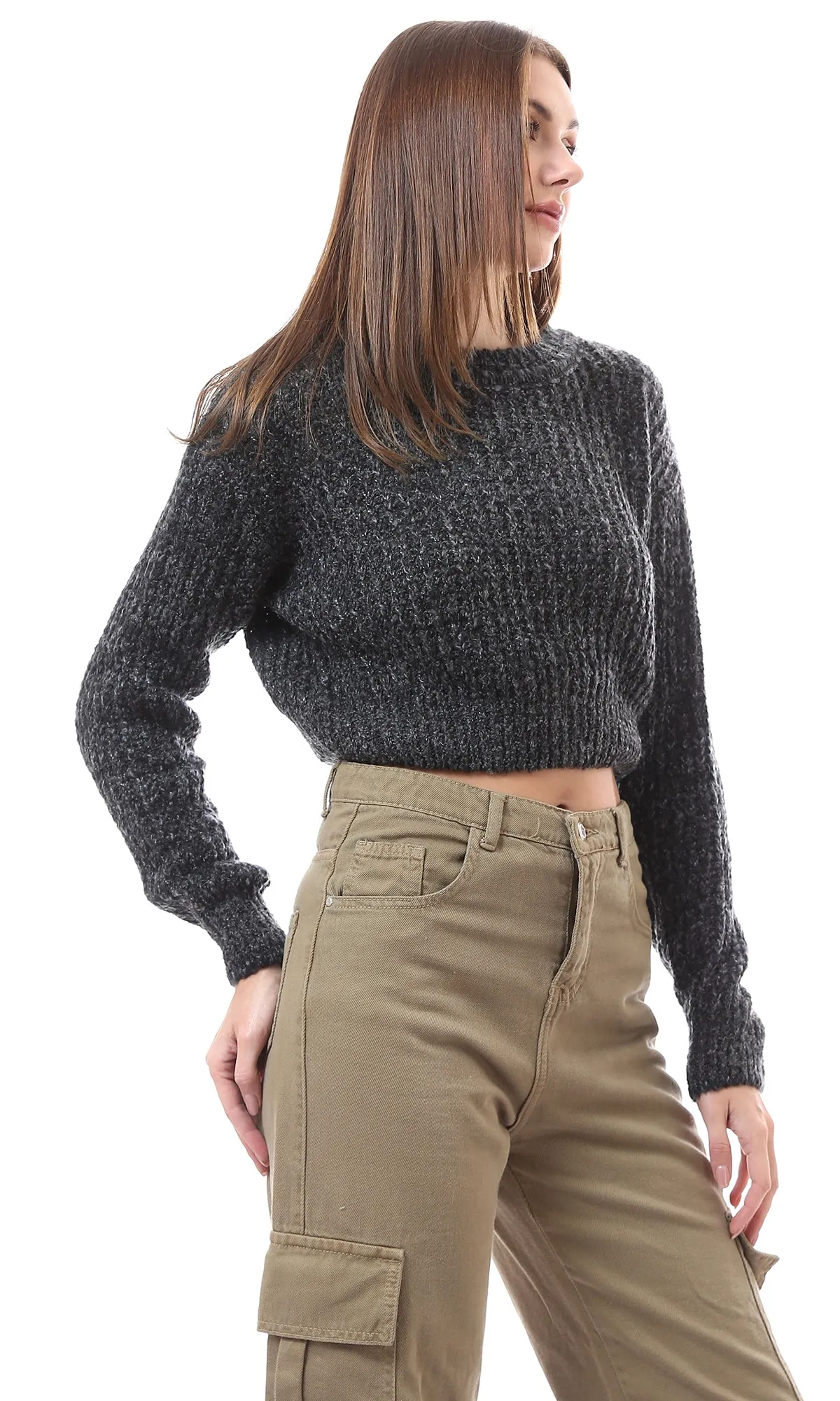 O174313 Crew Neck Heather Dark Grey Chunky Knit Pullover