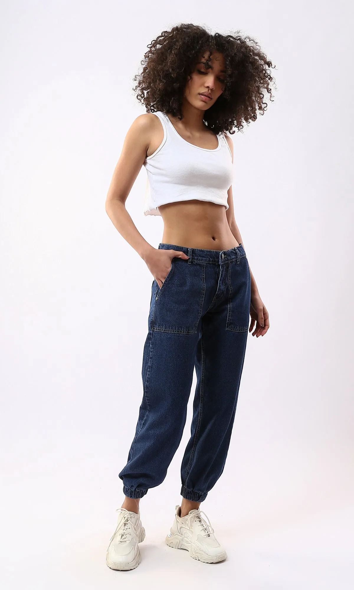 O177966 Dark Blue Mom-Fit Jeans With Four Pockets