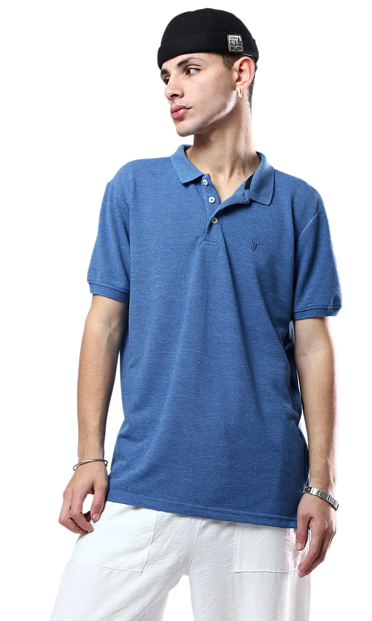 O178887 Buttoned Neck Casual Polo Shirt - Heather Dark Blue