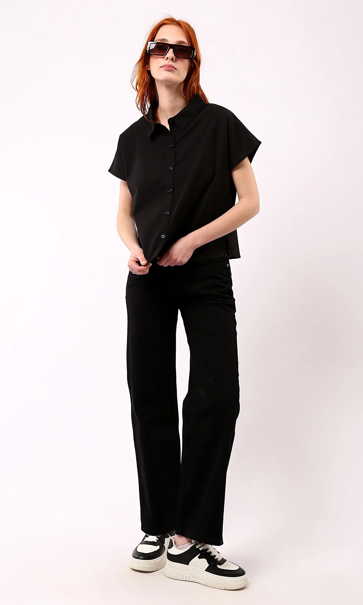 O179201 Summer Black Short Shirt With Turn Down Collar