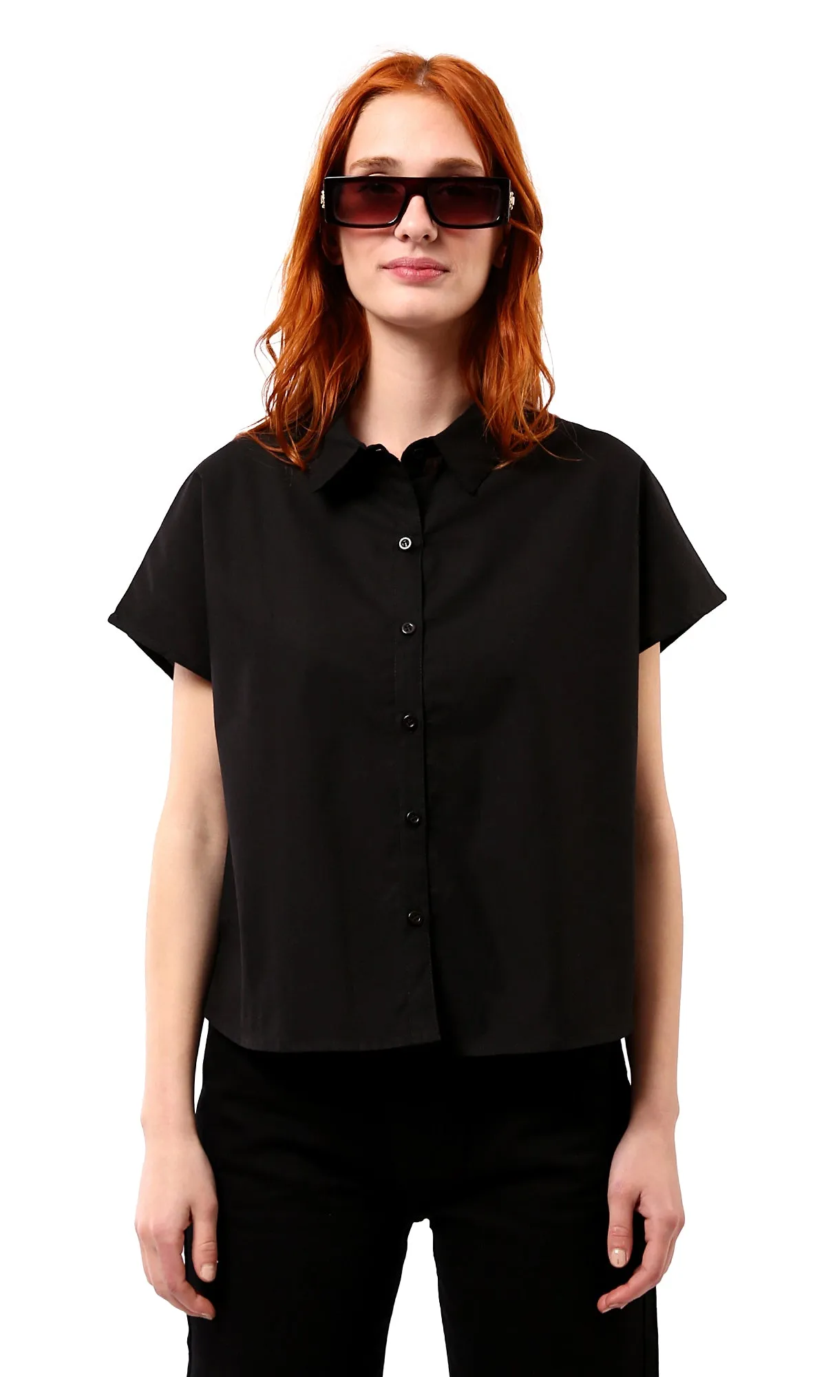 O179201 Summer Black Short Shirt With Turn Down Collar