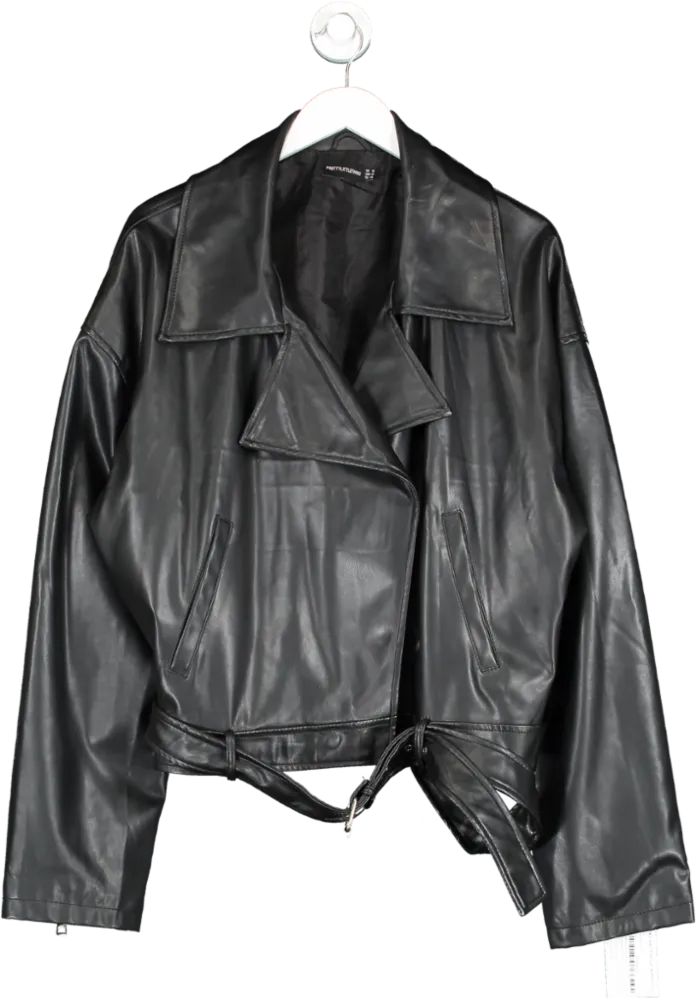 PrettyLittleThing Black Faux Leather Super Cropped Belted Biker Jacket UK 16