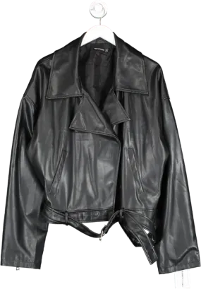 PrettyLittleThing Black Faux Leather Super Cropped Belted Biker Jacket UK 16