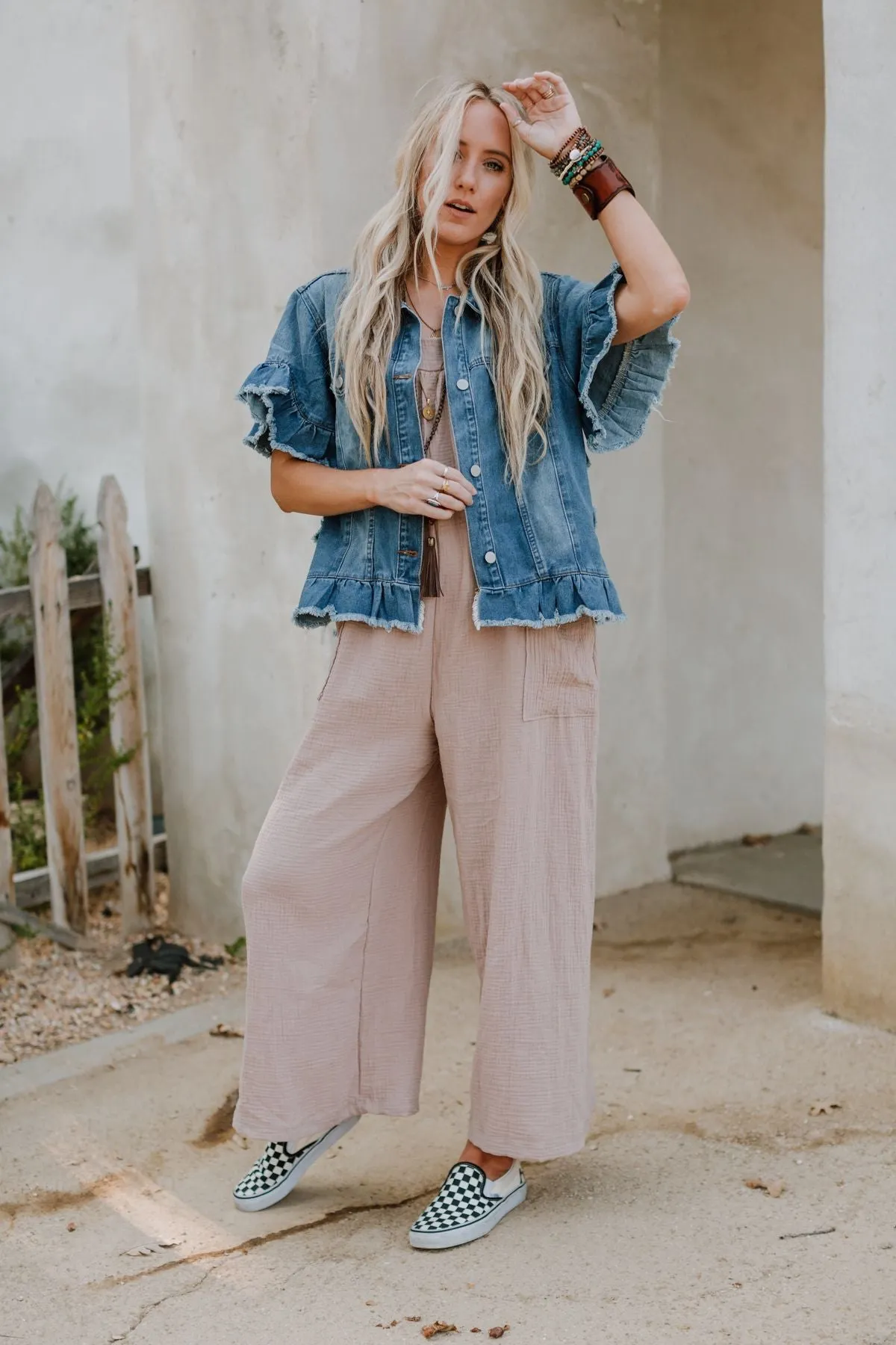 Scottie Ruffle Denim Jacket - Light Blue