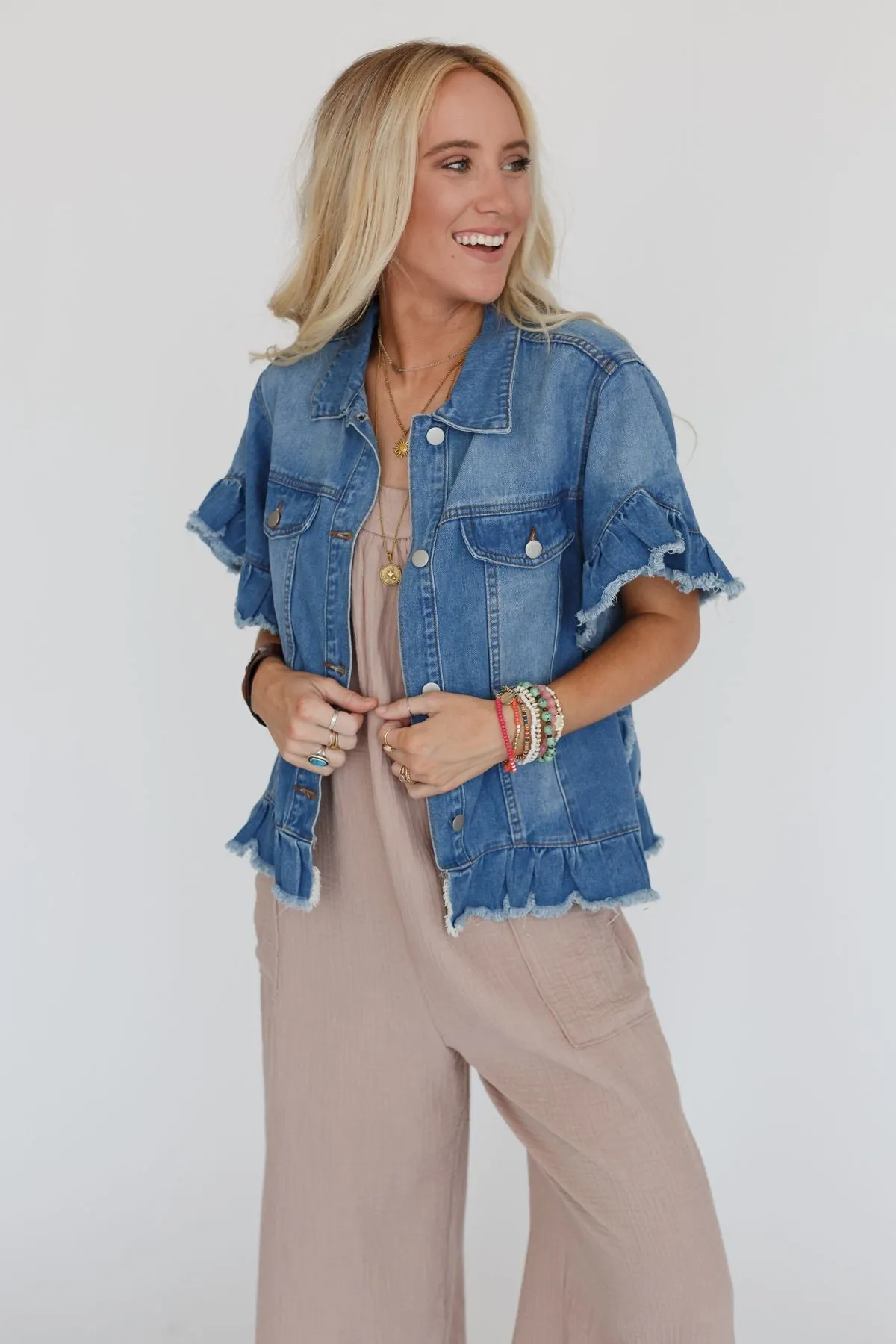 Scottie Ruffle Denim Jacket - Light Blue