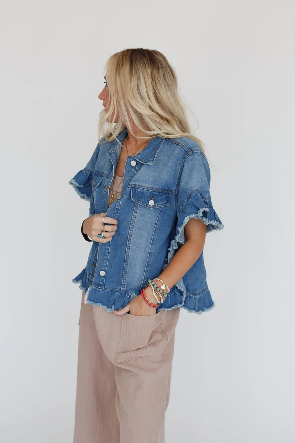 Scottie Ruffle Denim Jacket - Light Blue