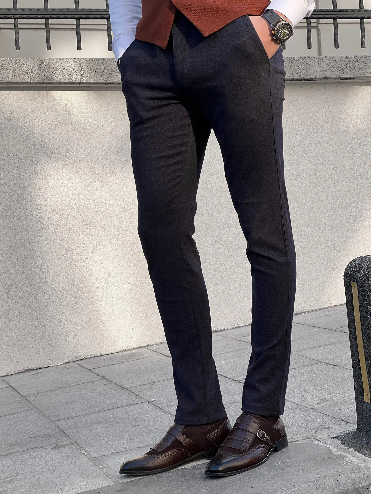 Slim-fit Self Patterned Navy Blue Cotton Pants