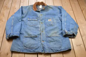 Vintage 1990s Carhartt Denim Chore Jacket Workwear / Streetwear / Made In USA / Blanket Lined Jacket / Distressed Carhartt / Union Made