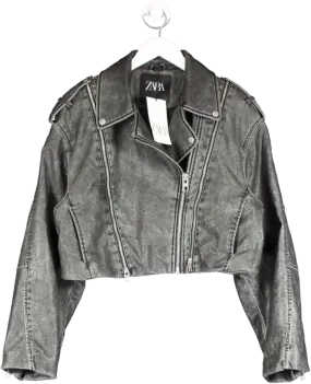 ZARA Black Distressed Leather Biker Jacket UK L