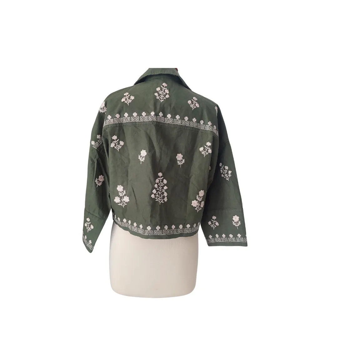 ZARA Green & White Embroidered Cropped Jacket | Pre loved |